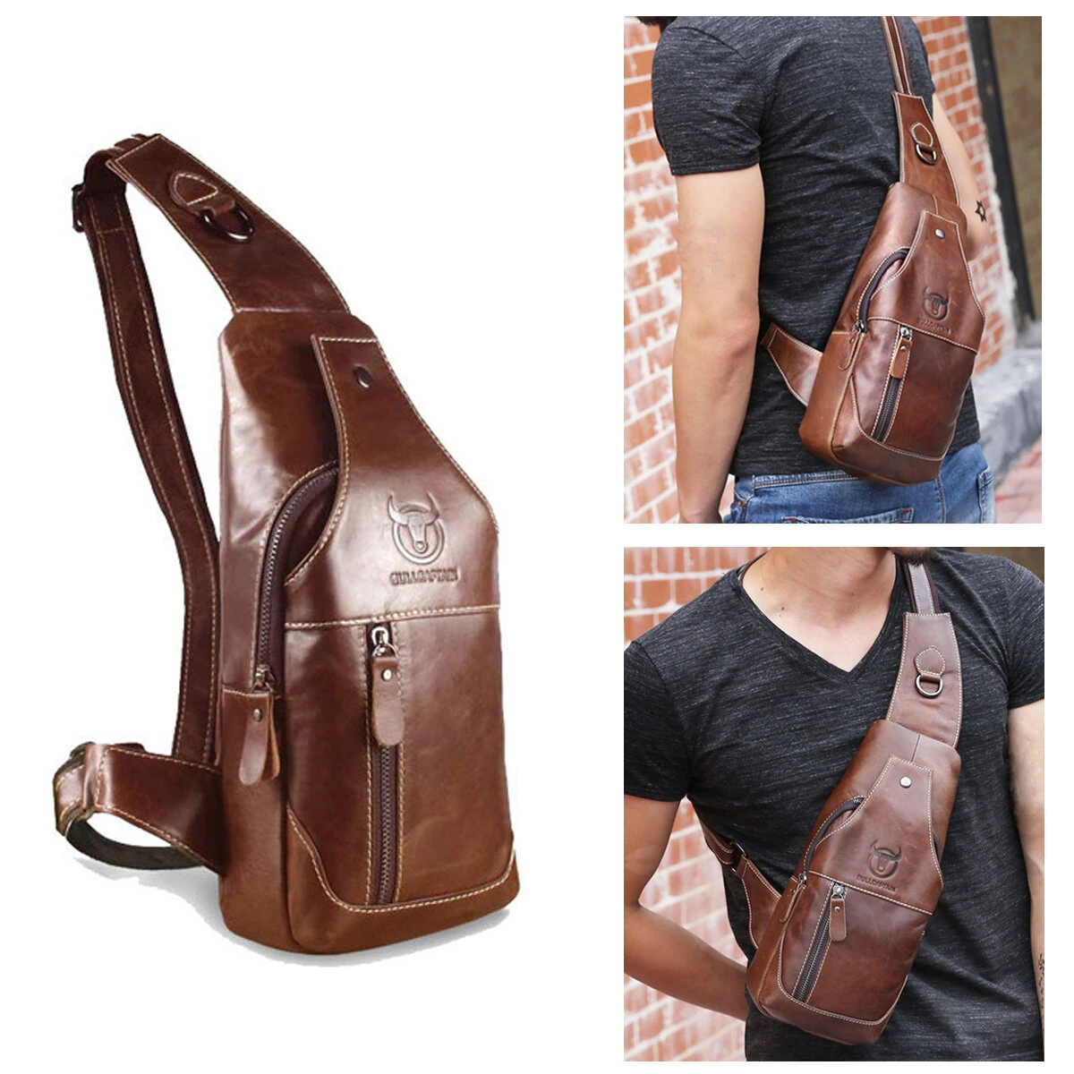 BULLCAPTAIN Men Genuine Leather Wear Resisting Textured Business Casual Brown Black Chest Bag Shoulder Crossbody Bag (image for) BULLCAPTAIN Men Genuine Leather Wear Resisting Textured Business Casual Brown Black Chest Bag Shoulder Crossbody Bag